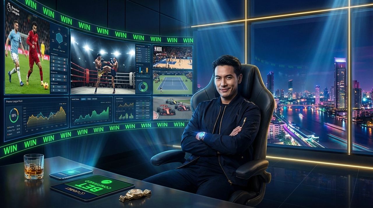 UFABET168 – Pria Thailand duduk di war room canggih dengan layar live odds Premier League, Muay Thai, NBA dan F1